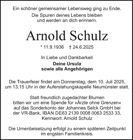 Traueranzeige von Arnold Schulz von Holsteinischer Courier