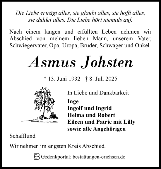 Traueranzeige von Asmus Johsten von Flensburger Tageblatt