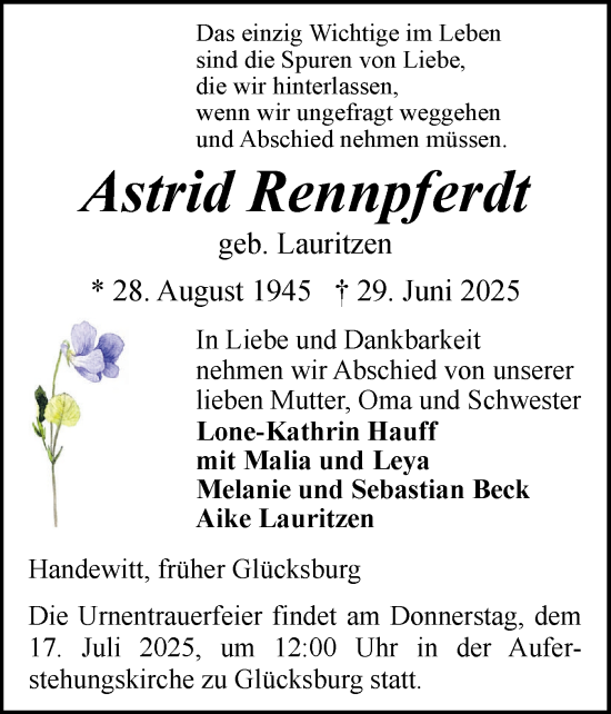 Traueranzeige von Astrid Rennpferdt von Flensburger Tageblatt