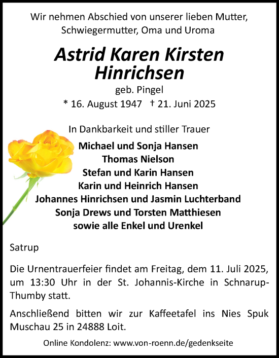 Traueranzeige von Astrid Karen Kirsten Hinrichsen von Schleswiger Nachrichten, Schlei-Bote