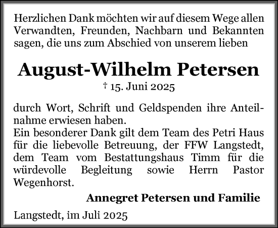Traueranzeige von August-Wilhelm Petersen von Flensburger Tageblatt, Schleswiger Nachrichten, Schlei-Bote