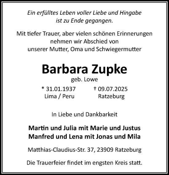 Traueranzeige von Barbara Zupke von MARKT Ratzeburg/Mölln