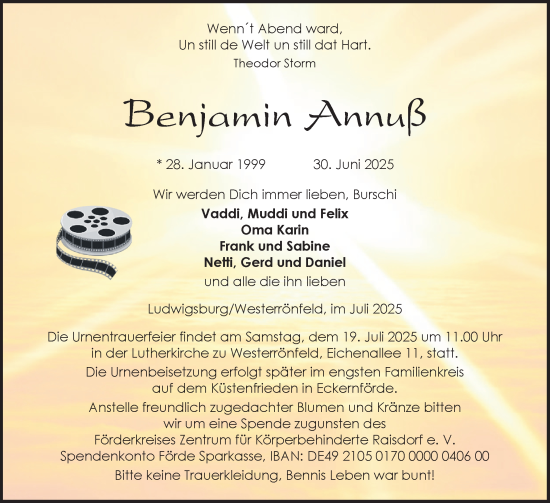 Traueranzeige von Benjamin Annuß von Schleswig-Holsteinische Landeszeitung