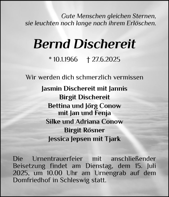Traueranzeige von Bernd Dischereit von Schleswiger Nachrichten, Schlei-Bote