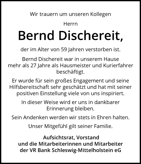 Traueranzeige von Bernd Dischereit von Schleswiger Nachrichten, Schlei-Bote