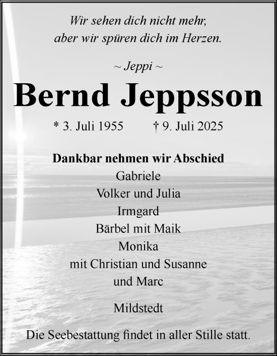 Traueranzeige von Bernd Jeppsson von Uetersener Nachrichten, Der tip am Wochenende