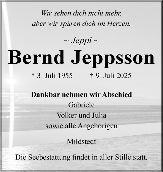 Traueranzeige von Bernd Jeppsson von Husumer Nachrichten, Nordfriesland Tageblatt