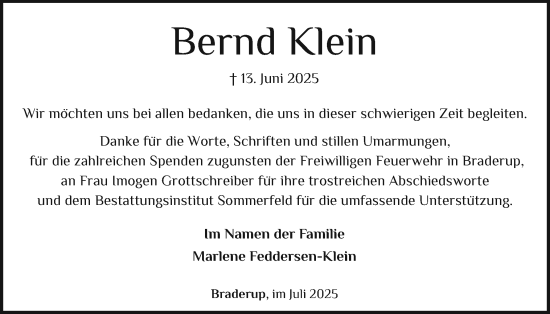 Traueranzeige von Bernd Klein von Husumer Nachrichten, Nordfriesland Tageblatt