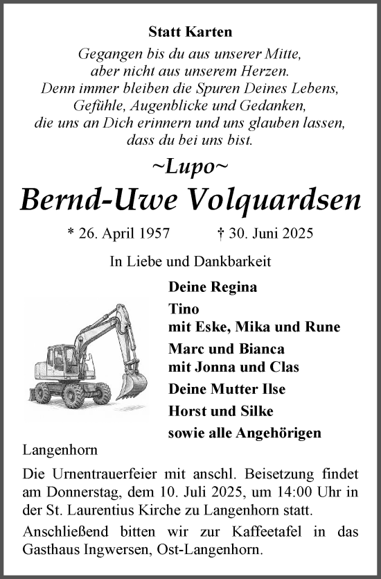 Traueranzeige von Bernd-Uwe Volquardsen von Husumer Nachrichten, Nordfriesland Tageblatt