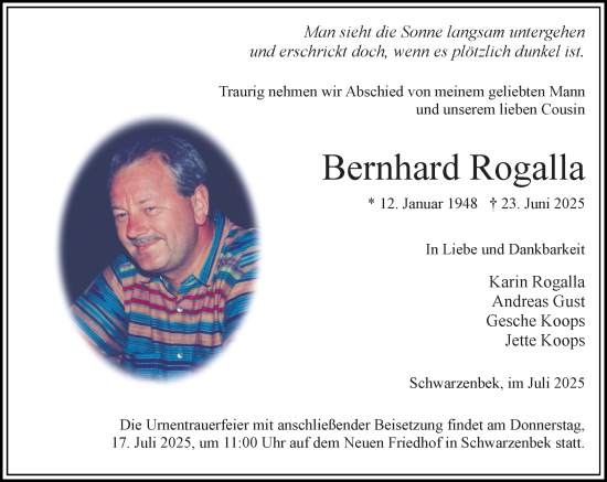 Traueranzeige von Bernhard Rogalla von Wochenend Anzeiger