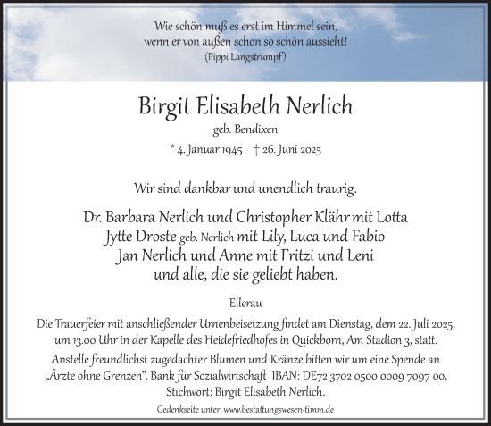 Traueranzeige von Birgit Elisabeth Nerlich von Umschau