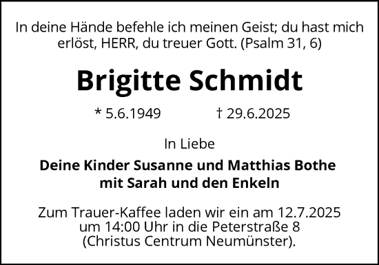 Traueranzeige von Brigitte Schmidt von Holsteinischer Courier