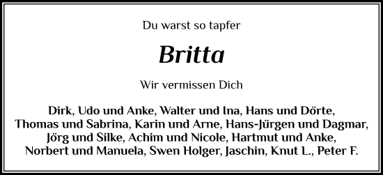 Traueranzeige von Britta  von Schleswig-Holsteinische Landeszeitung