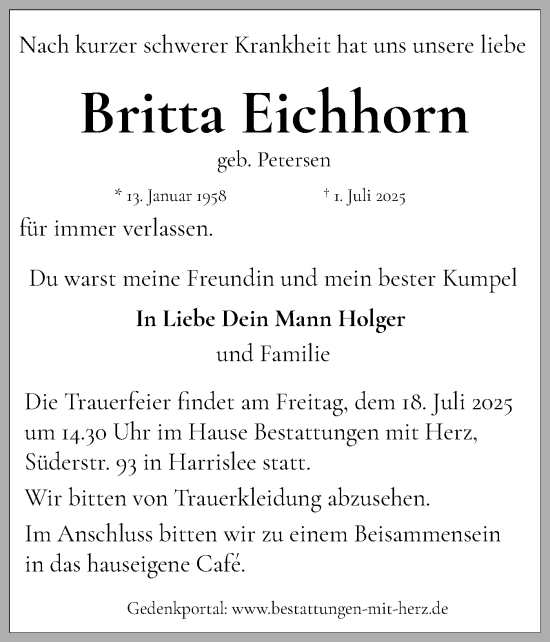 Traueranzeige von Britta Eichhorn von Flensburger Tageblatt