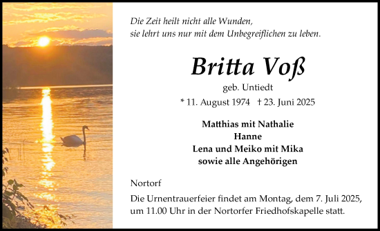 Traueranzeige von Britta Voß von Schleswig-Holsteinische Landeszeitung