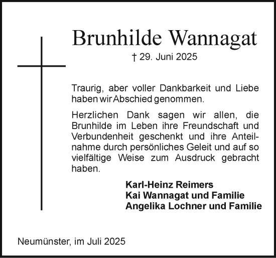 Traueranzeige von Brunhilde Wannagat von Holsteinischer Courier