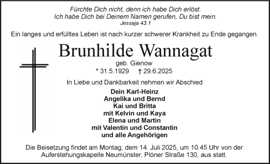 Traueranzeige von Brunhilde Wannagat von Holsteinischer Courier