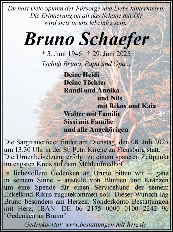 Traueranzeige von Bruno Schaefer von Flensburger Tageblatt