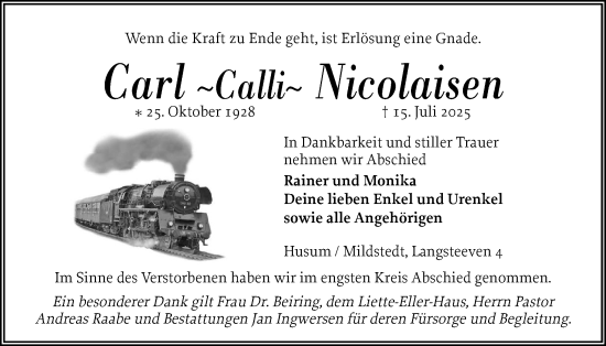 Traueranzeige von Carl Nicolaisen von Husumer Nachrichten, Nordfriesland Tageblatt