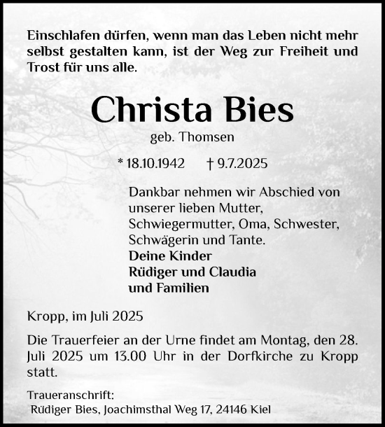 Traueranzeige von Christa Bies von Schleswig-Holsteinische Landeszeitung