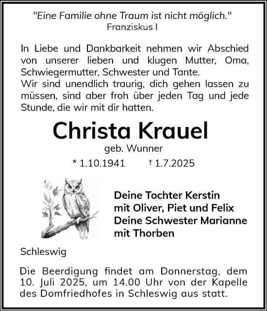 Traueranzeige von Christa Krauel von Schleswiger Nachrichten, Schlei-Bote