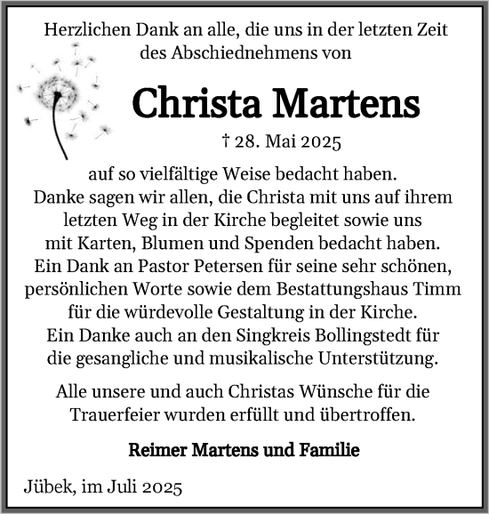 Traueranzeige von Christa Martens von Schleswiger Nachrichten, Schlei-Bote