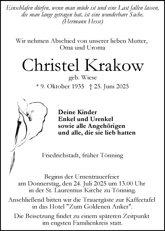 Traueranzeige von Christel Krakow von Husumer Nachrichten, Nordfriesland Tageblatt