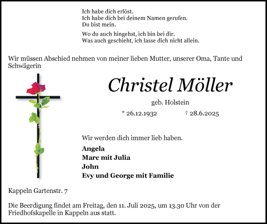 Traueranzeige von Christel Möller von Schleswiger Nachrichten, Schlei-Bote