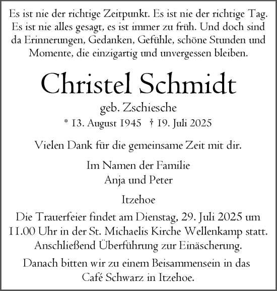 Traueranzeige von Christel Schmidt von Norddeutsche Rundschau, Wilstersche Zeitung, Glückstädter Fortuna