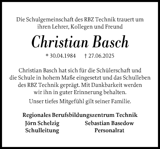 Traueranzeige von Christian Basch von Eckernförder Zeitung