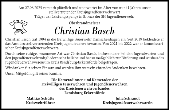 Traueranzeige von Christian Basch von Eckernförder Zeitung