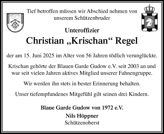 Traueranzeige von Christian Regel von MARKT Ratzeburg/Mölln