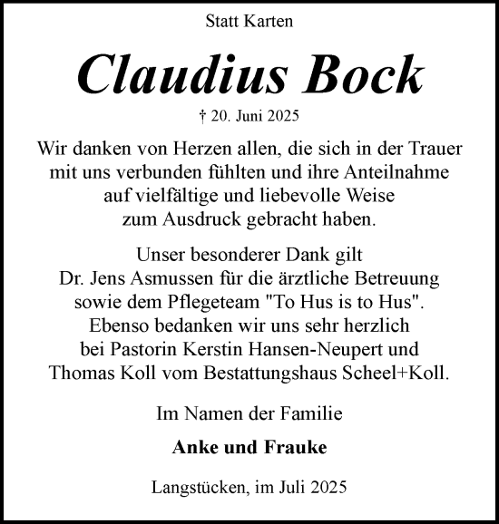 Traueranzeige von Claudius Bock von Eckernförder Zeitung, Hallo Eckernförde
