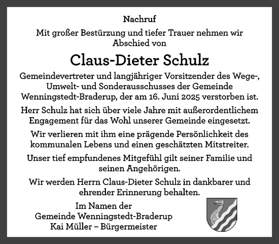 Traueranzeige von Claus-Dieter Schulz von Sylter Rundschau