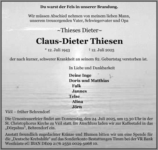 Traueranzeige von Claus-Dieter Thiesen von Husumer Nachrichten, Nordfriesland Tageblatt