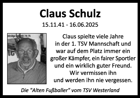 Traueranzeige von Claus Schulz von Sylter Rundschau