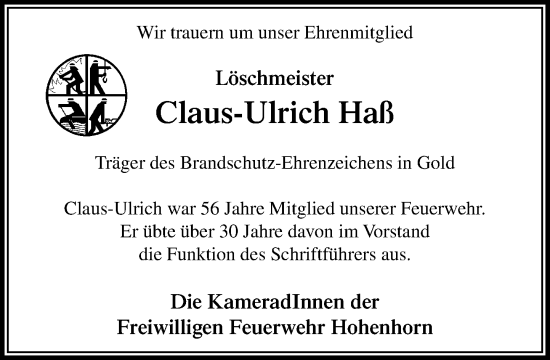 Traueranzeige von Claus-Ulrich Haß von Wochenend Anzeiger