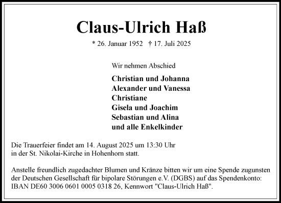 Traueranzeige von Claus-Ulrich Haß von Wochenend Anzeiger