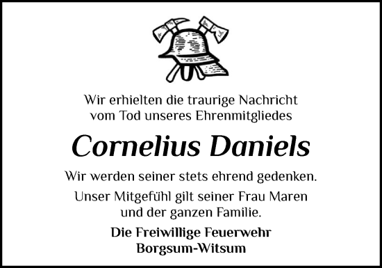 Traueranzeige von Cornelius Daniels von Der Insel-Bote