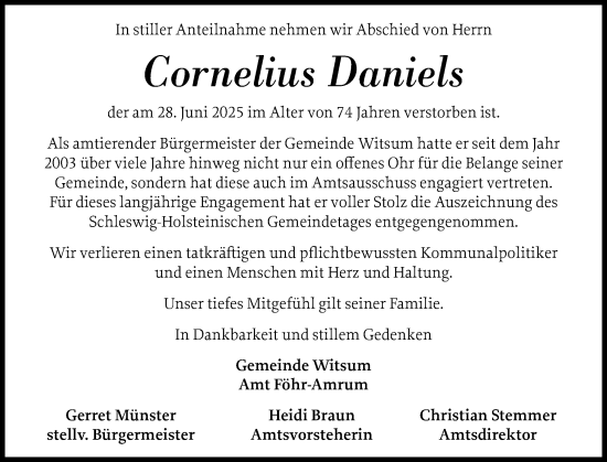 Traueranzeige von Cornelius Daniels von Der Insel-Bote