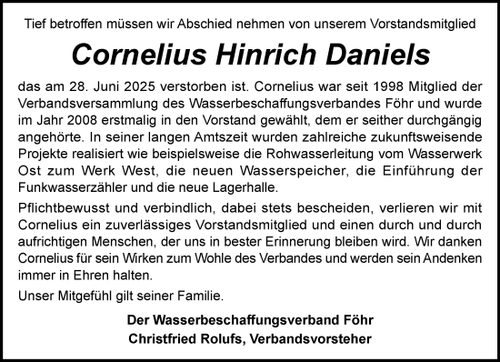 Traueranzeige von Cornelius Hinrich Daniels von Der Insel-Bote
