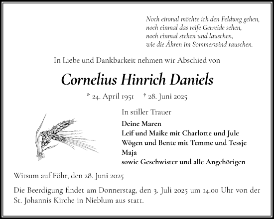 Traueranzeige von Cornelius Hinrich Daniels von Der Insel-Bote