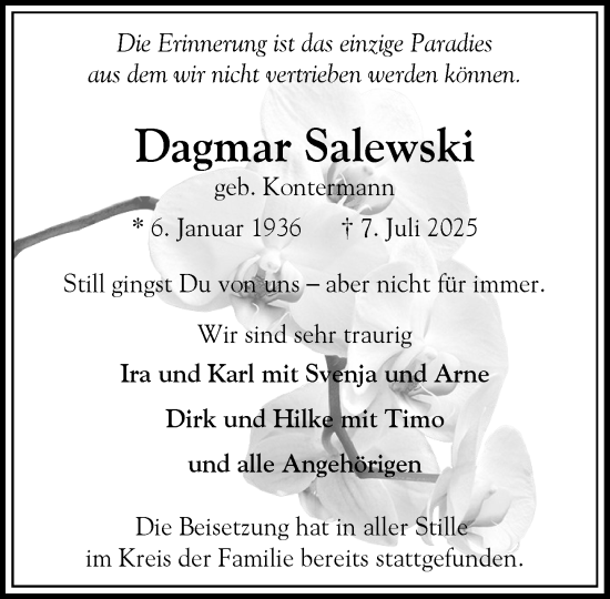 Traueranzeige von Dagmar Salewski von Heimatspiegel