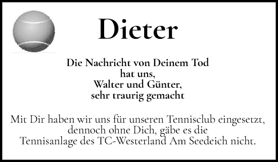 Traueranzeige von Dieter  von Sylter Rundschau
