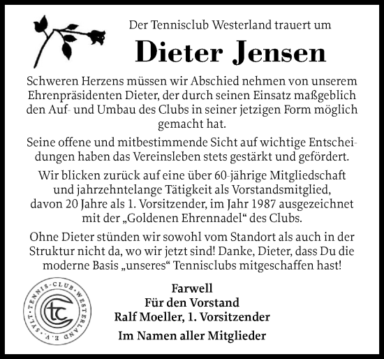 Traueranzeige von Dieter Jensen von Sylter Rundschau
