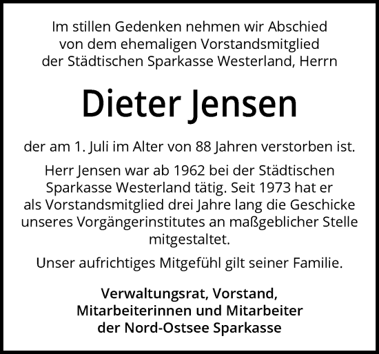 Traueranzeige von Dieter Jensen von Husumer Nachrichten, Nordfriesland Tageblatt