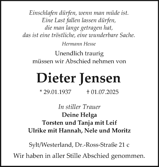 Traueranzeige von Dieter Jensen von Sylter Rundschau