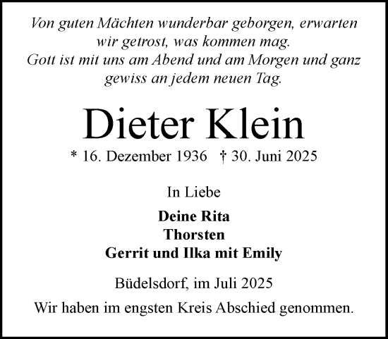 Traueranzeige von Dieter Klein von Schleswig-Holsteinische Landeszeitung