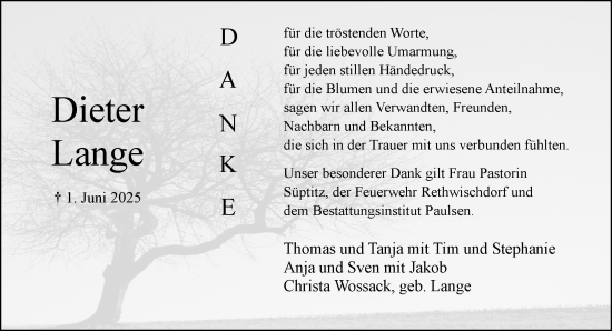Traueranzeige von Dieter Lange von MARKT Bad Oldesloe/Reinfeld und Stormarner Tageblatt