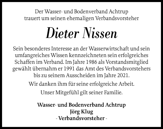 Traueranzeige von Dieter Nissen von Husumer Nachrichten, Nordfriesland Tageblatt